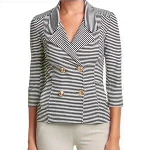 CAbi Navy Blue & White Stripe Nautical Double Breasted Gold Button Blazer Size M